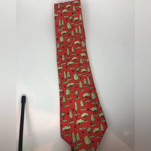 Hermes Red Tie with Green and Blue Tree Pattern W/Original Hermes box - Picture 6 of 10